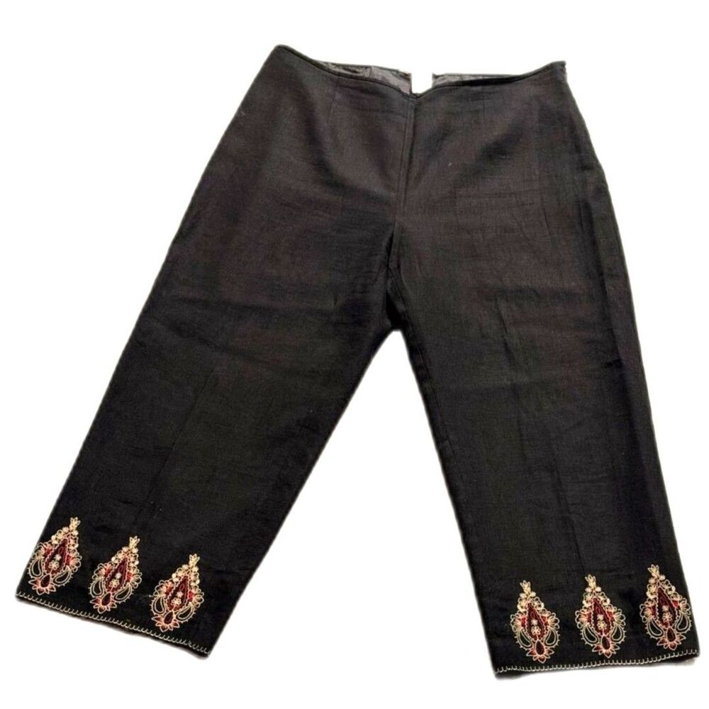 Edward Black Linen Blend Embroidered Hem Cropped Pants